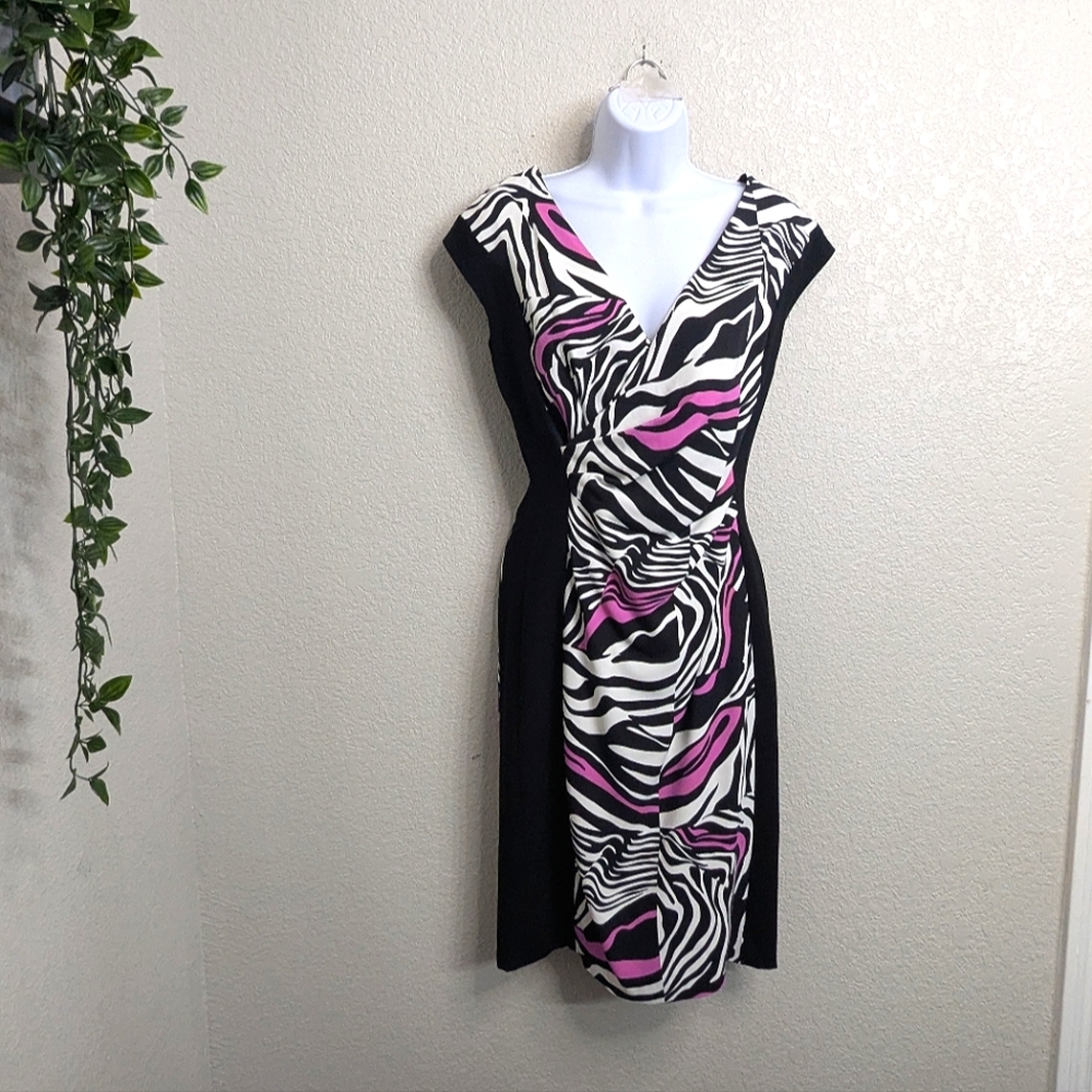 Escada Black Fuchsia Zebra Print Sheath Dress  Knee Length Cap Sleeve Formal M/8